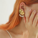 Metallic Conch Pearl Statement Drop Earrings - floysun