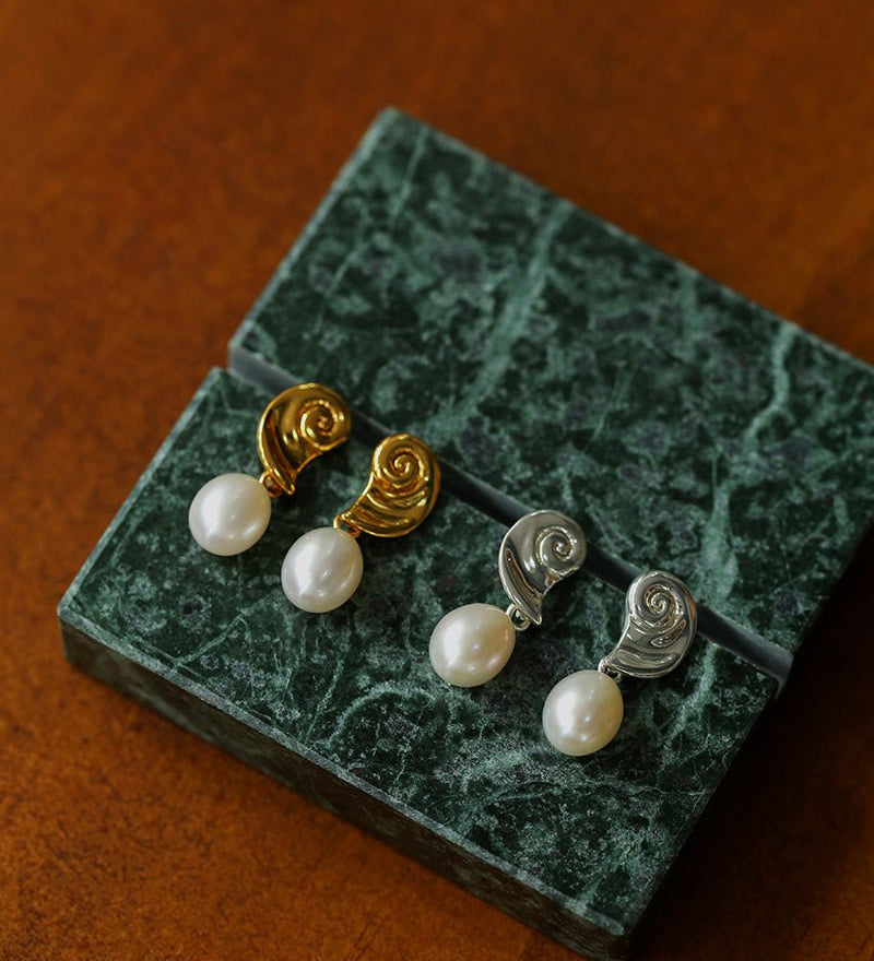 Metallic Conch Pearl Statement Drop Earrings - floysun