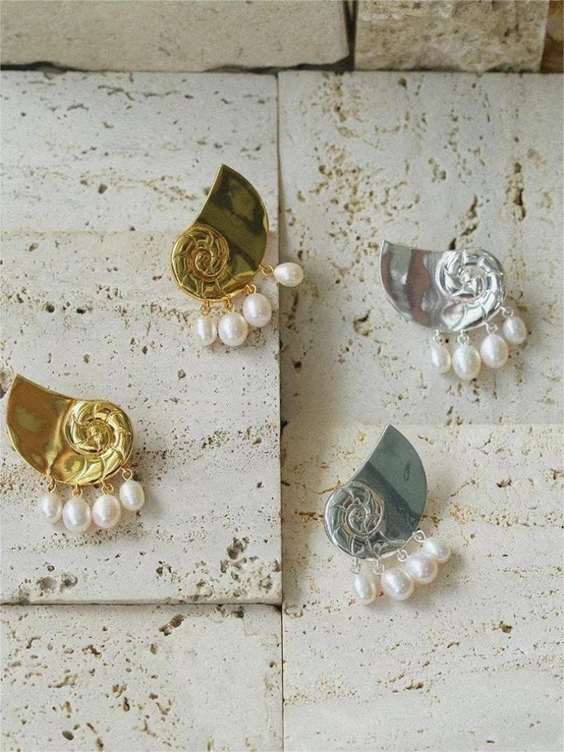Metallic Conch Pearl Statement Drop Earrings - floysun