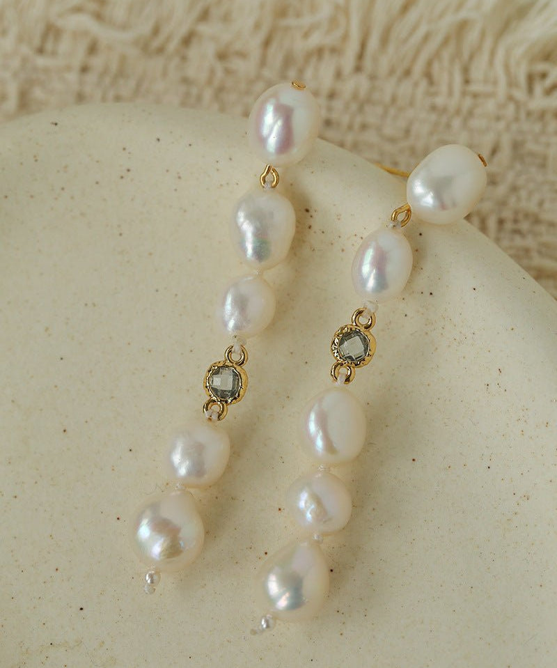 Mid-Century Aesthetic Irregular Pearl Color Zircon Drop Earrings - floysun