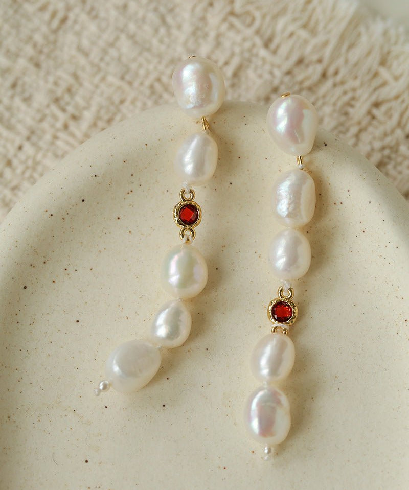 Mid-Century Aesthetic Irregular Pearl Color Zircon Drop Earrings - floysun