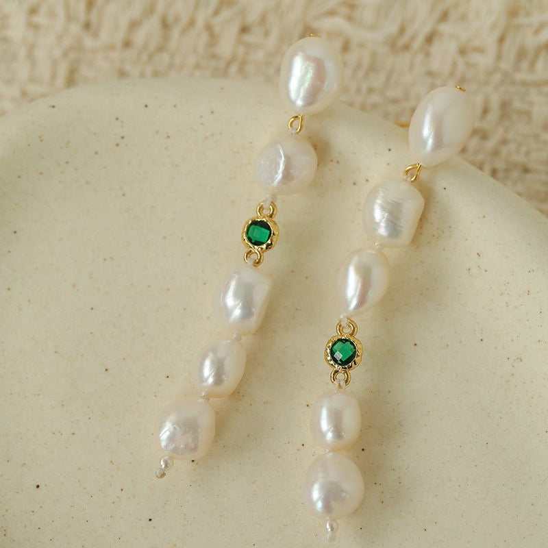 Mid-Century Aesthetic Irregular Pearl Color Zircon Drop Earrings - floysun