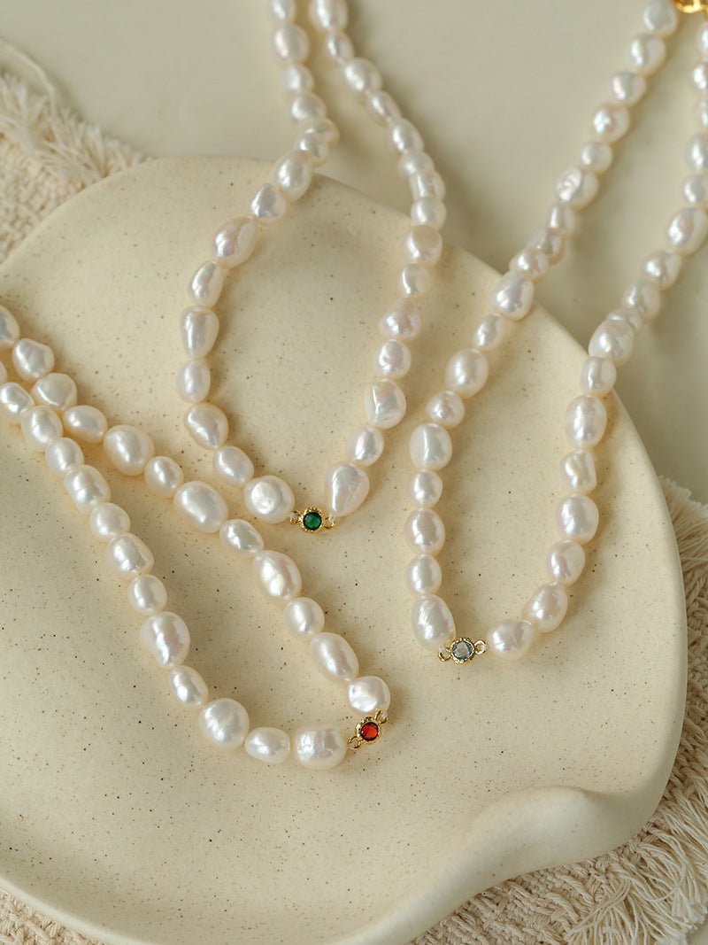 Mid-Century Vibe Irregular Freshwater Pearl Color Zircon Necklace - floysun