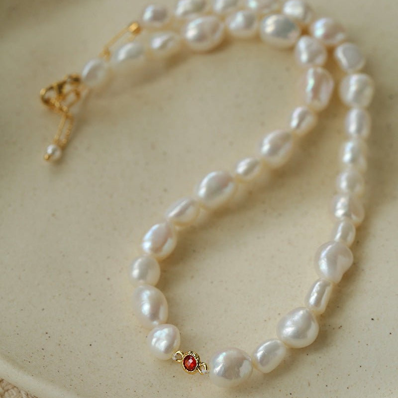 Mid-Century Vibe Irregular Freshwater Pearl Color Zircon Necklace - floysun
