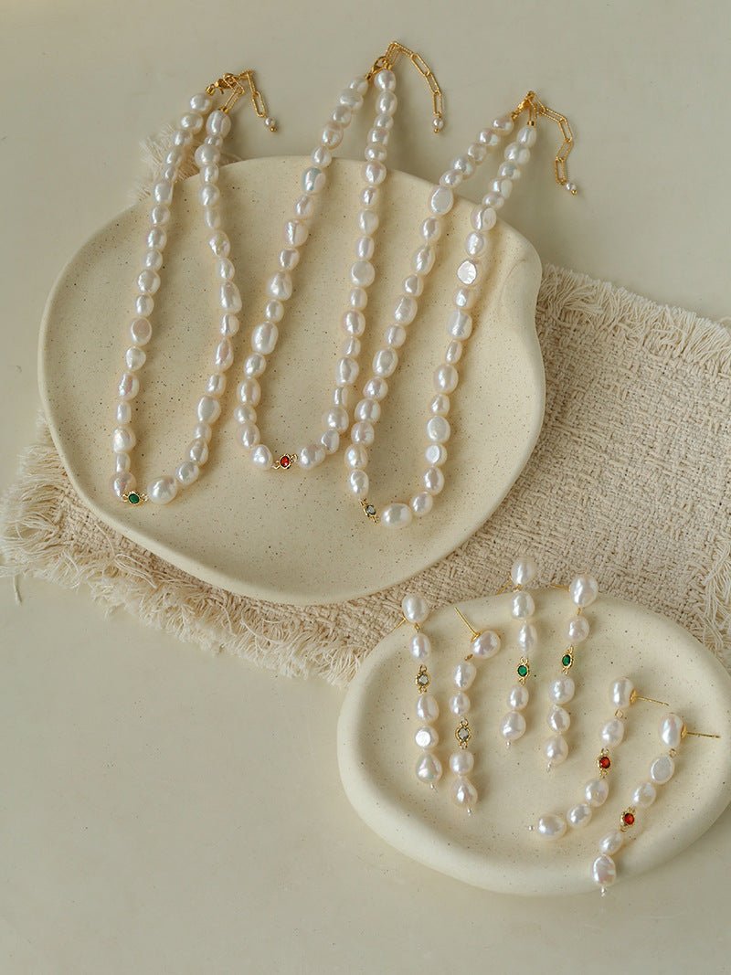 Mid-Century Vibe Irregular Freshwater Pearl Color Zircon Necklace - floysun
