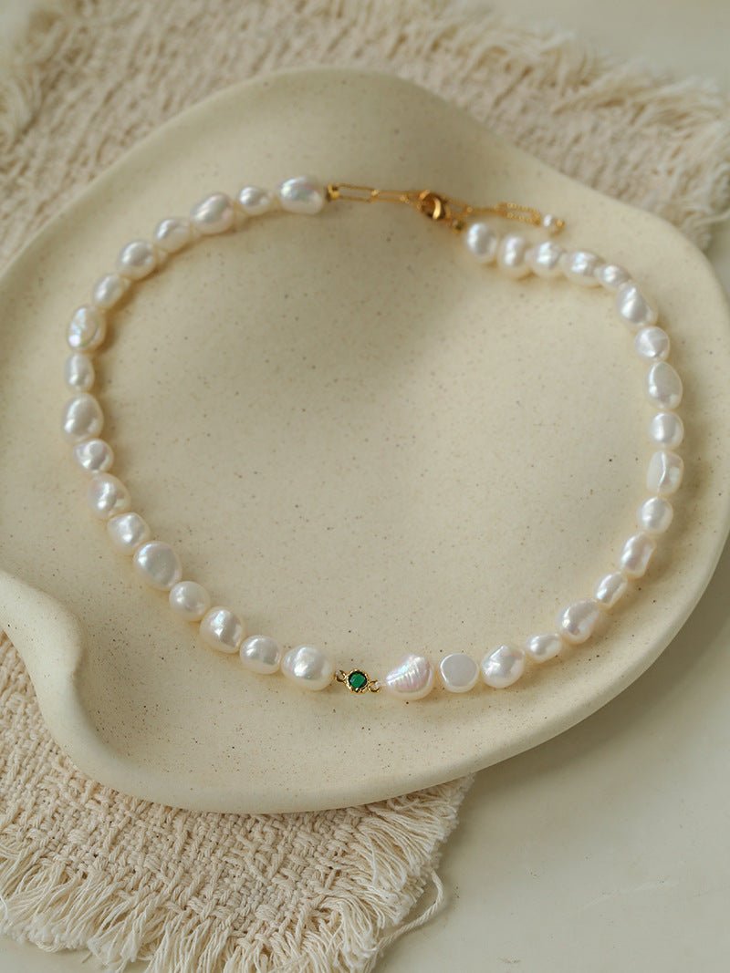 Mid-Century Vibe Irregular Freshwater Pearl Color Zircon Necklace - floysun
