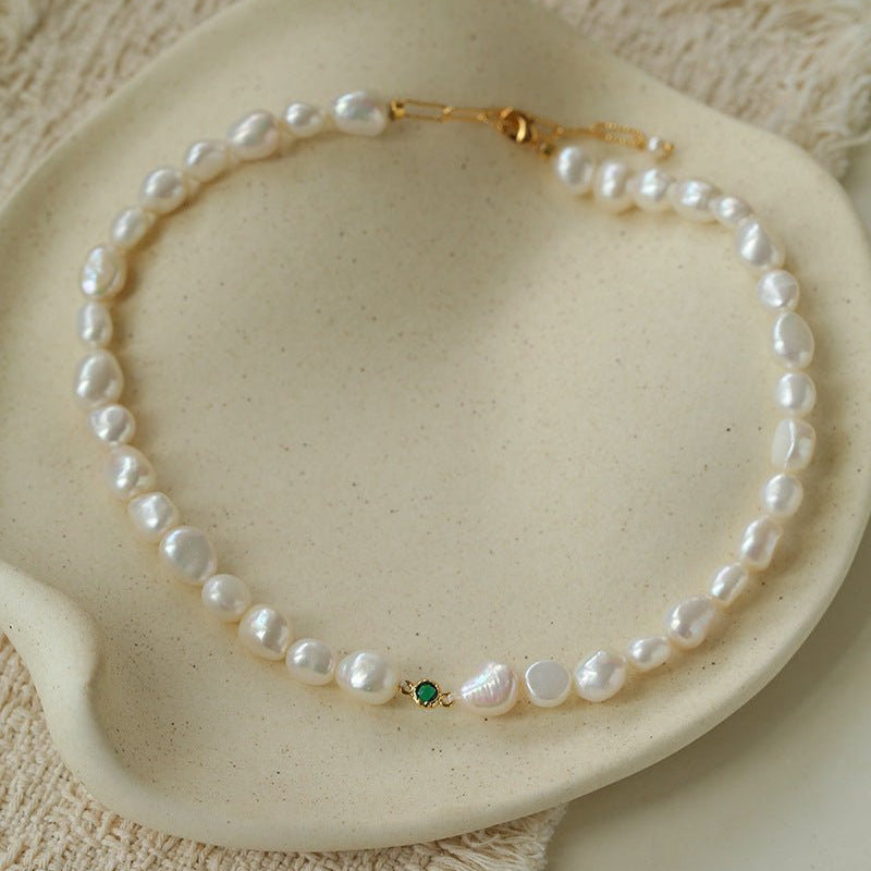 Mid-Century Vibe Irregular Freshwater Pearl Color Zircon Necklace - floysun