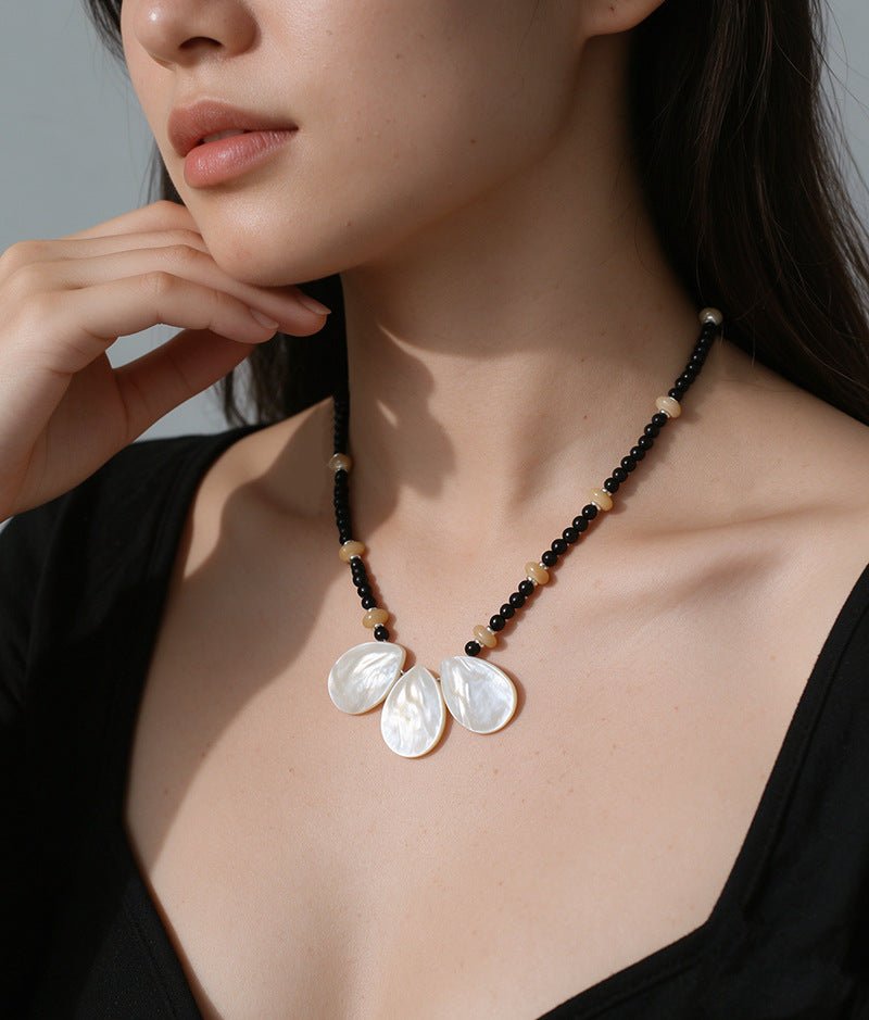 Midnight Petals Mother-of-Pearl & Black Agate Beaded Necklace - floysun