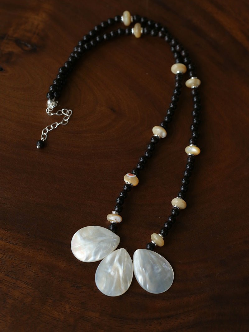 Midnight Petals Mother-of-Pearl & Black Agate Beaded Necklace - floysun
