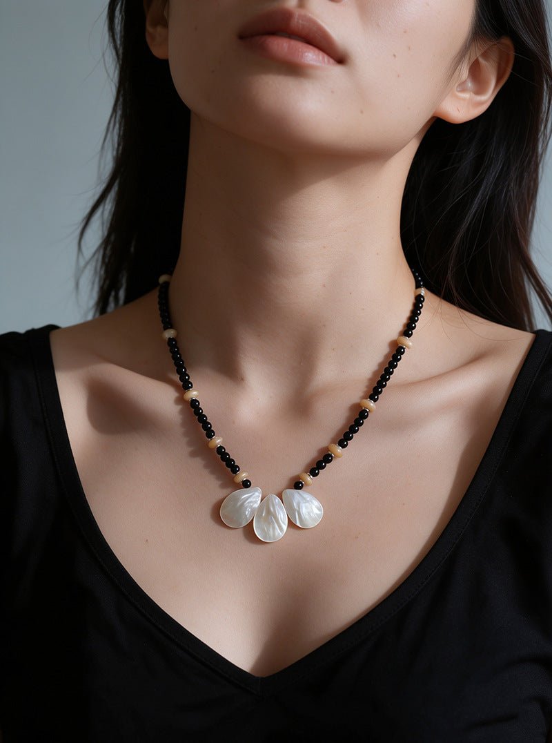 Midnight Petals Mother-of-Pearl & Black Agate Beaded Necklace - floysun