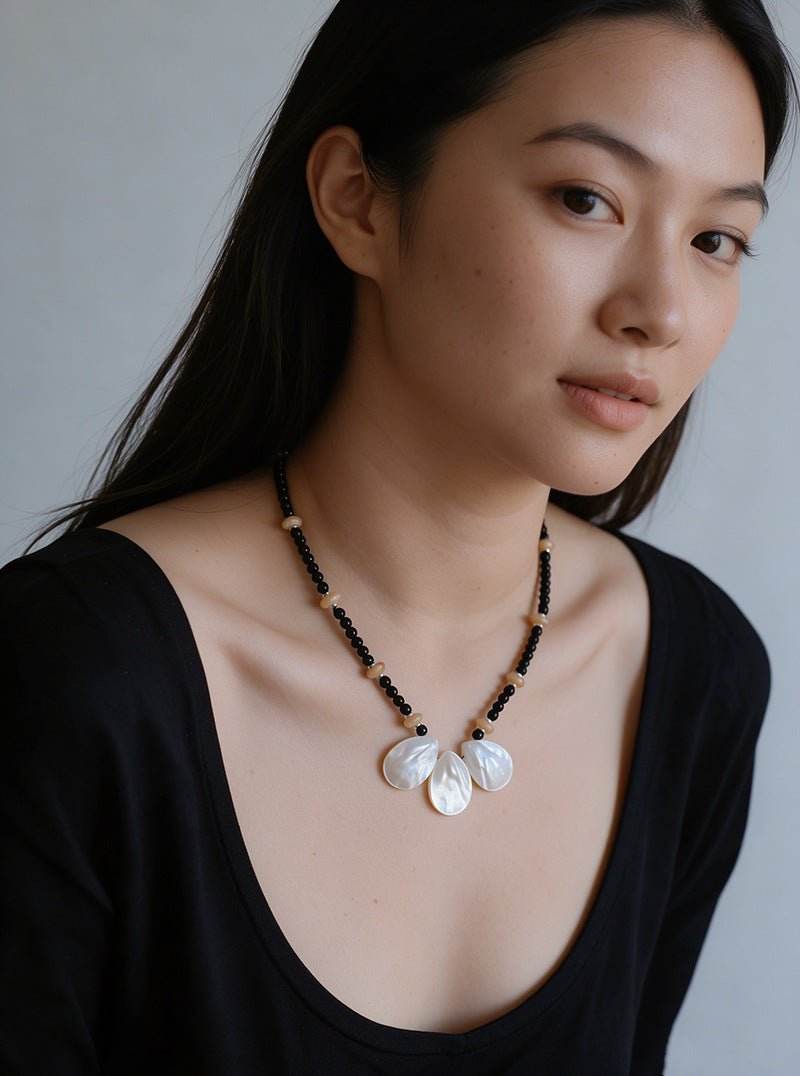Midnight Petals Mother-of-Pearl & Black Agate Beaded Necklace - floysun