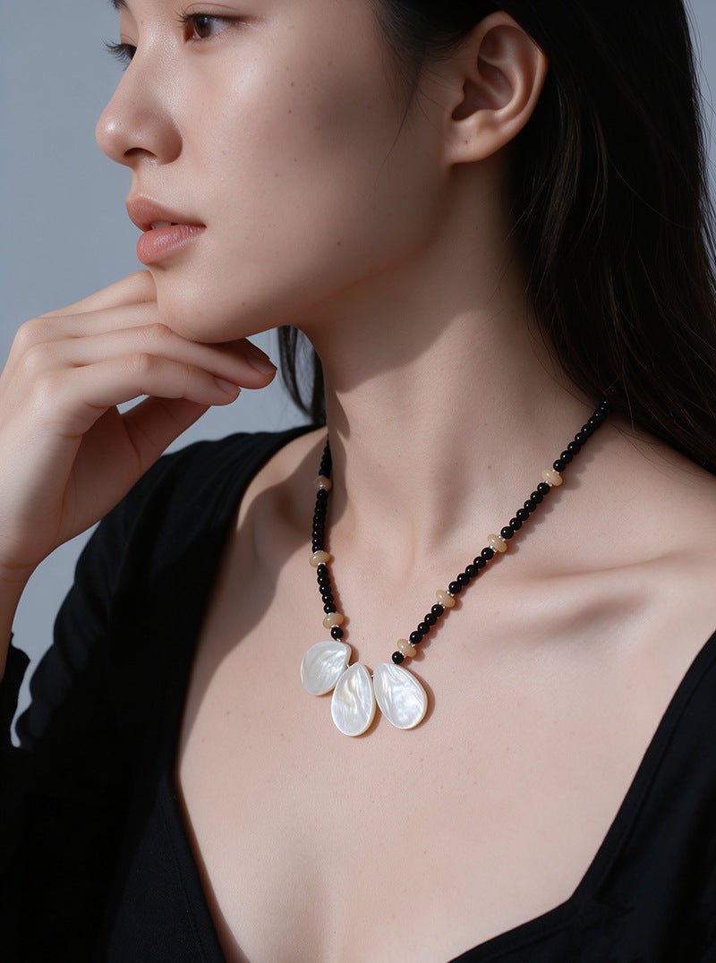 Midnight Petals Mother-of-Pearl & Black Agate Beaded Necklace - floysun