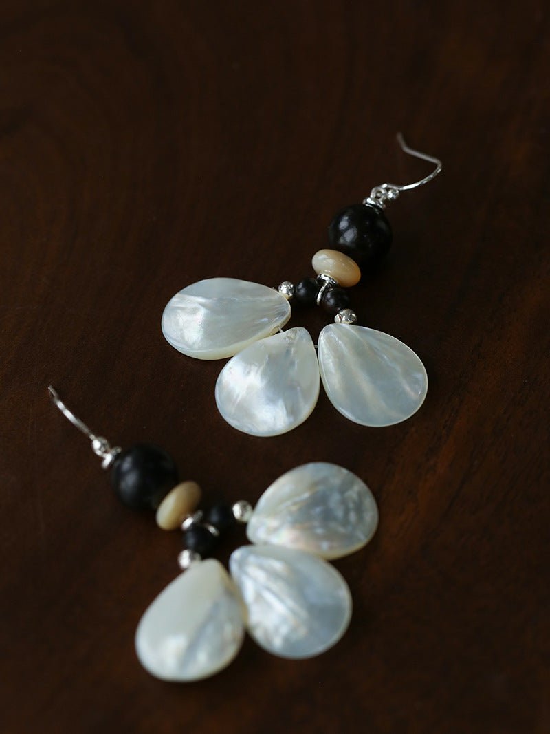 Midnight Petals Mother-of-Pearl & Ebony Wood Drop Earrings - floysun