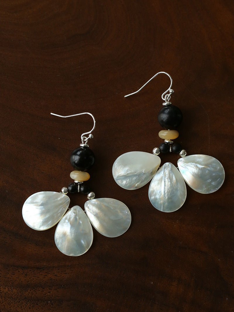 Midnight Petals Mother-of-Pearl & Ebony Wood Drop Earrings - floysun