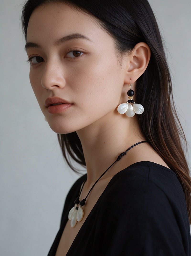 Midnight Petals Mother-of-Pearl & Ebony Wood Drop Earrings - floysun