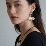 Midnight Petals Mother-of-Pearl & Ebony Wood Drop Earrings - floysun