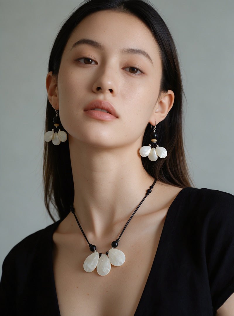 Midnight Petals Mother-of-Pearl & Ebony Wood Drop Earrings - floysun