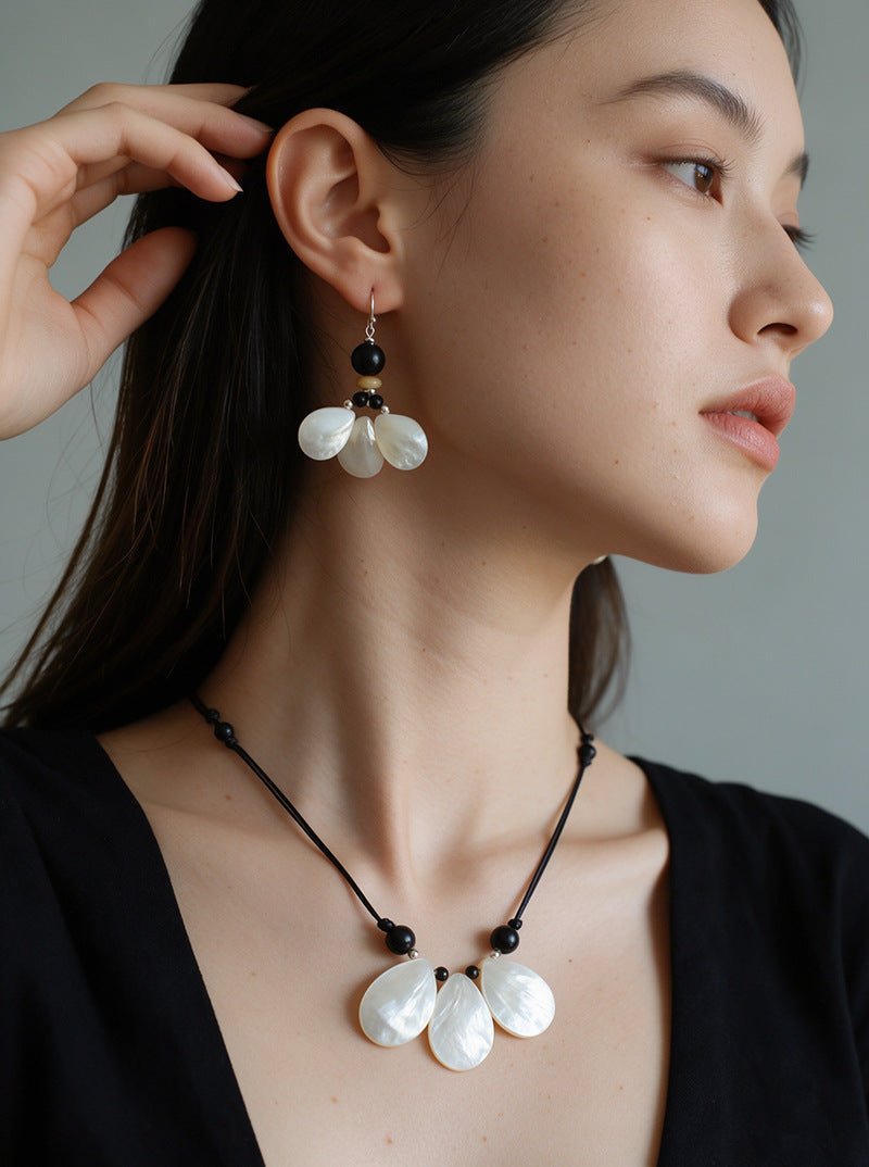 Midnight Petals Mother-of-Pearl & Ebony Wood Drop Earrings - floysun