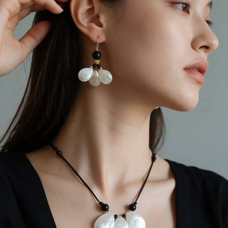 Midnight Petals Mother-of-Pearl & Ebony Wood Drop Earrings - floysun