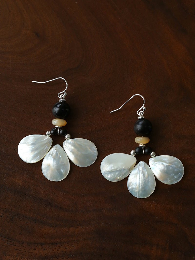 Midnight Petals Mother-of-Pearl & Ebony Wood Drop Earrings - floysun