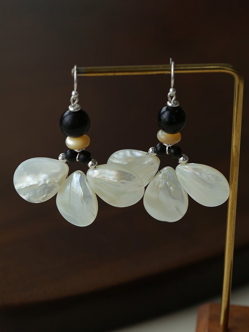 Midnight Petals Mother-of-Pearl & Ebony Wood Drop Earrings - floysun