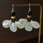 Midnight Petals Mother-of-Pearl & Ebony Wood Drop Earrings - floysun
