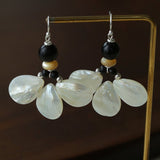 Midnight Petals Mother-of-Pearl & Ebony Wood Drop Earrings - floysun