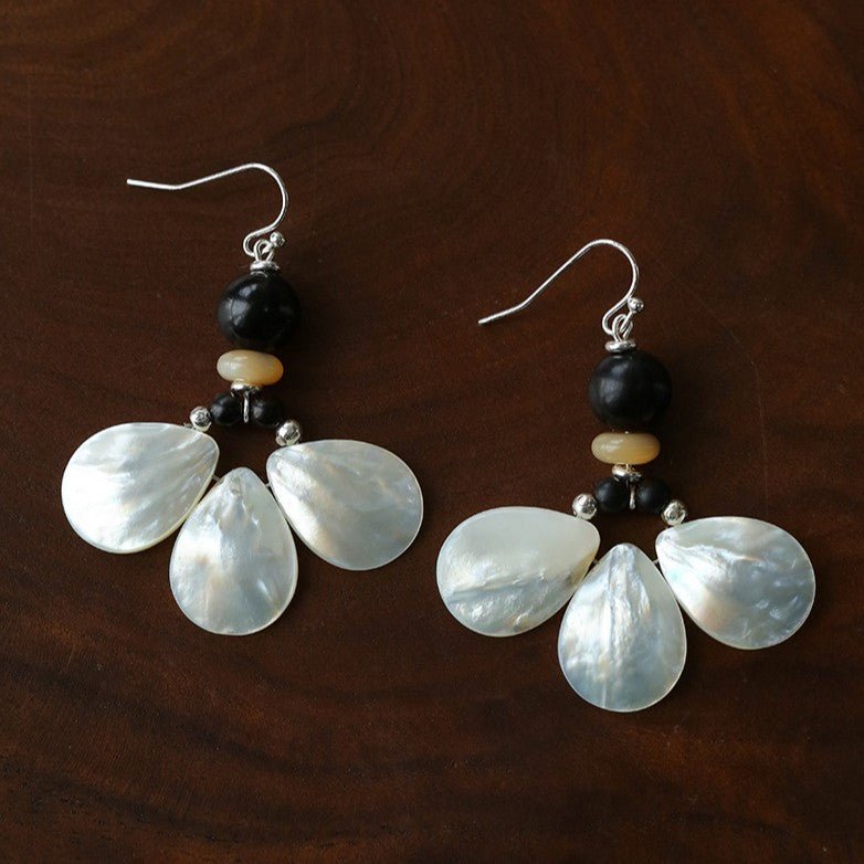 Midnight Petals Mother-of-Pearl & Ebony Wood Drop Earrings - floysun