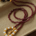 Mini Faceted Garnet Bead Necklace with Pearl & Gold Circle Pendant - floysun