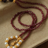 Mini Faceted Garnet Bead Necklace with Pearl & Gold Circle Pendant - floysun