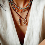 Mini Faceted Garnet Bead Necklace with Pearl & Gold Circle Pendant - floysun