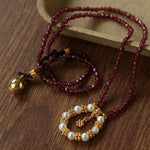 Mini Faceted Garnet Bead Necklace with Pearl & Gold Circle Pendant - floysun