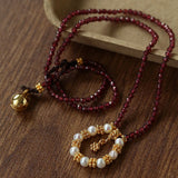 Mini Faceted Garnet Bead Necklace with Pearl & Gold Circle Pendant - floysun