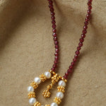 Mini Faceted Garnet Bead Necklace with Pearl & Gold Circle Pendant - floysun
