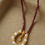 Mini Faceted Garnet Bead Necklace with Pearl & Gold Circle Pendant - floysun