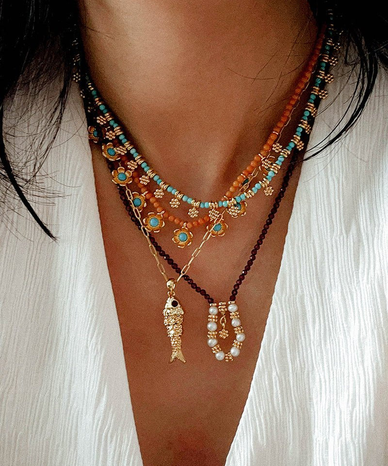 Mini Faceted Garnet Bead Necklace with Pearl & Gold Circle Pendant - floysun