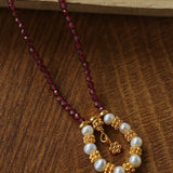 Mini Faceted Garnet Bead Necklace with Pearl & Gold Circle Pendant - floysun