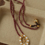 Mini Faceted Garnet Bead Necklace with Pearl & Gold Circle Pendant - floysun