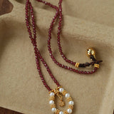 Mini Faceted Garnet Bead Necklace with Pearl & Gold Circle Pendant - floysun