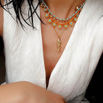 Mini Faceted Turquoise Bead Necklace with Gold Flower Pendant - floysun