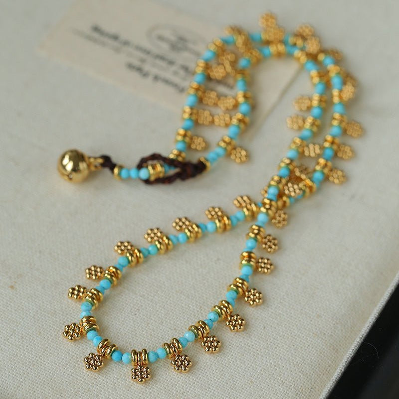 Mini Faceted Turquoise Bead Necklace with Gold Flower Pendant - floysun