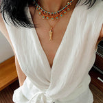 Mini Faceted Turquoise Bead Necklace with Gold Flower Pendant - floysun