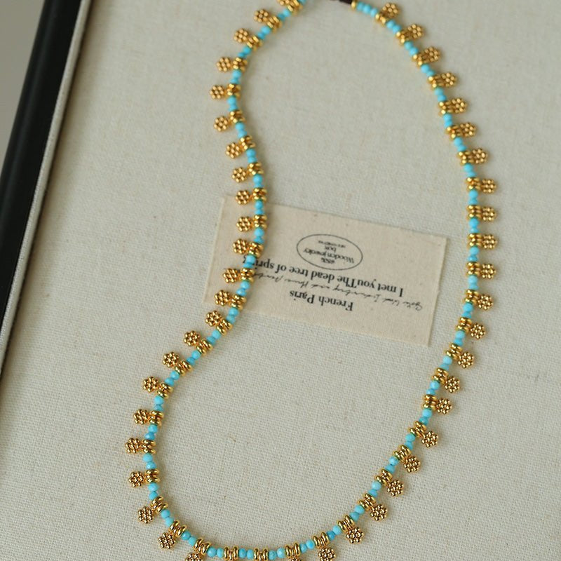 Mini Faceted Turquoise Bead Necklace with Gold Flower Pendant - floysun
