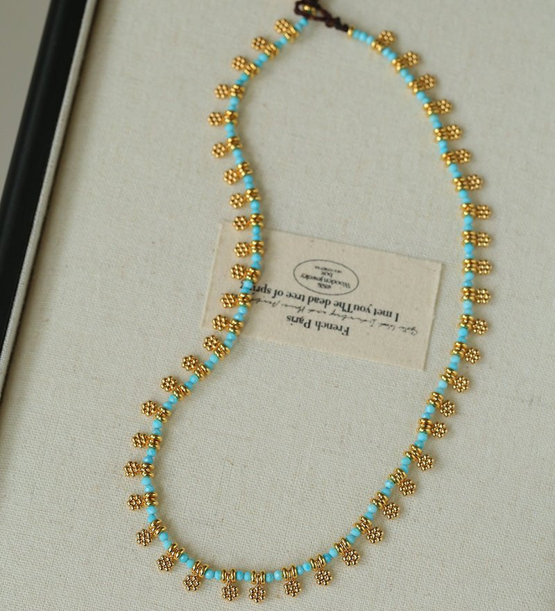 Mini Faceted Turquoise Bead Necklace with Gold Flower Pendant - floysun