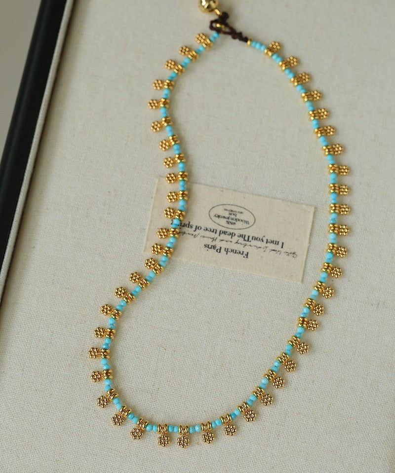 Mini Faceted Turquoise Bead Necklace with Gold Flower Pendant - floysun