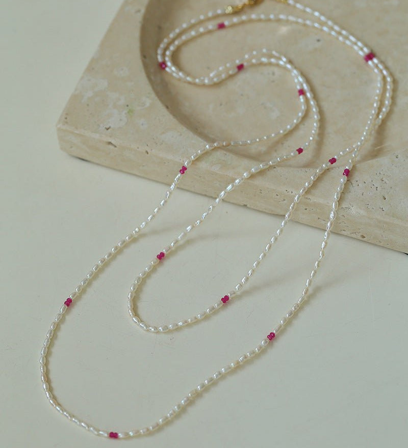 Mini Pearl and Ruby Long Beaded Necklace - floysun