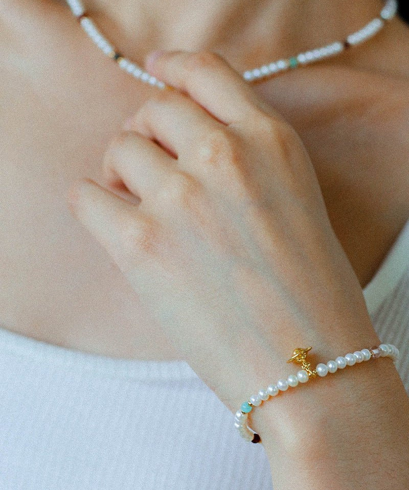 Mini Pearl & Colorful Natural Stone Saturn Charm Beaded Bracelet - floysun