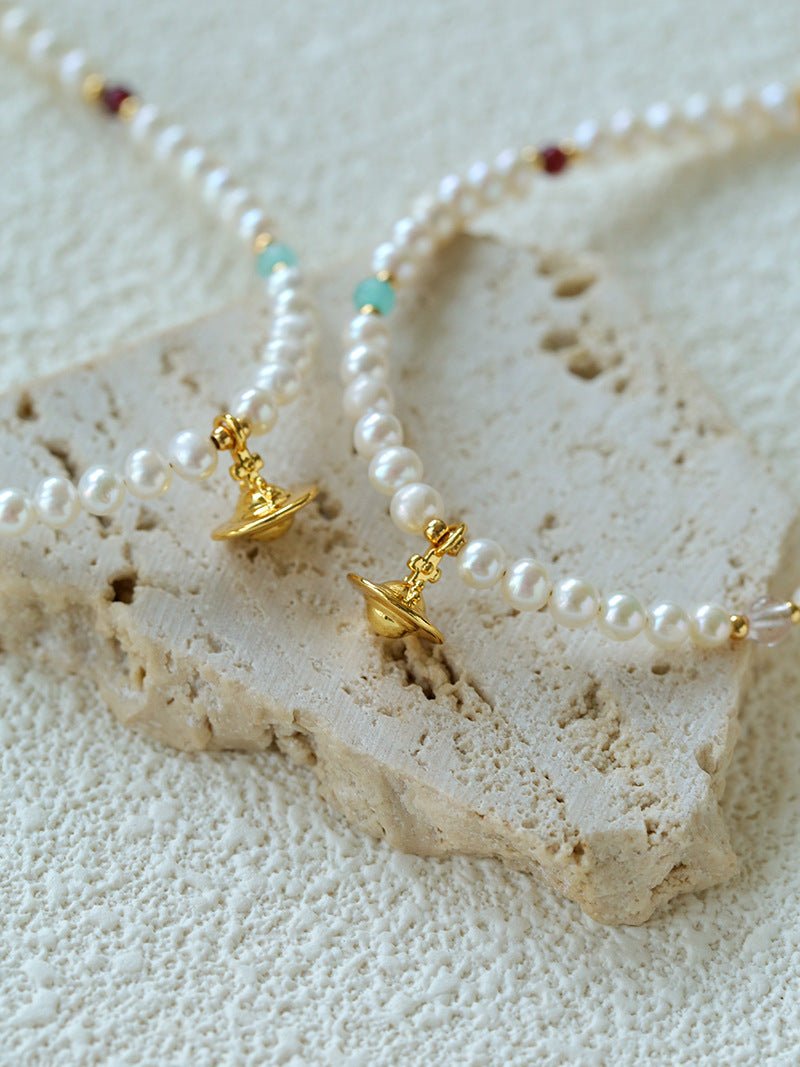 Mini Pearl & Colorful Natural Stone Saturn Charm Beaded Bracelet - floysun