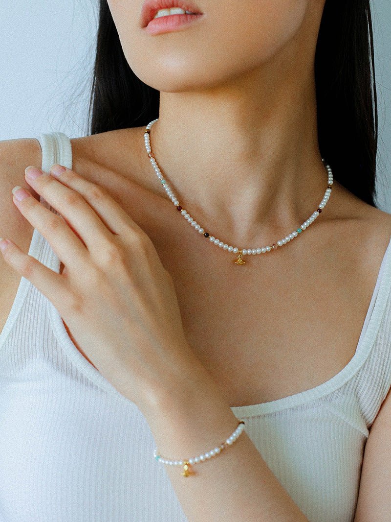Mini Pearl & Colorful Natural Stone Saturn Charm Beaded Bracelet - floysun