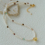 Mini Pearl & Colorful Natural Stone Saturn Pendant Necklace - floysun